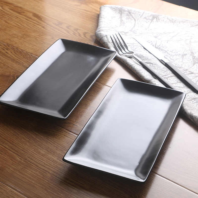 陶瓷磨砂长方形寿司盘 亚光黑色方形盘子 创意餐具水饺碟子水果盘