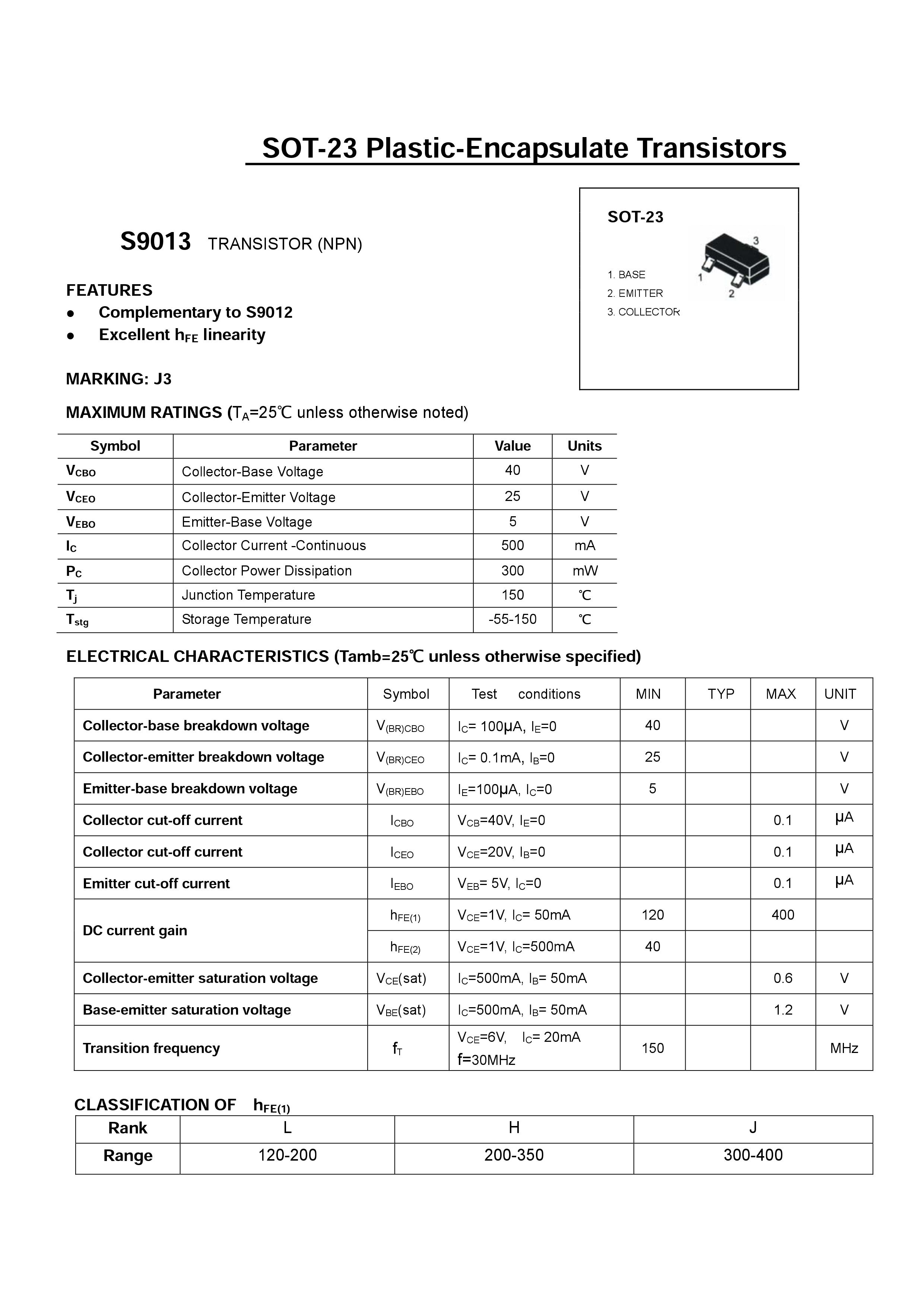 贴片三极管s9013lt1 s9013 sot-23 丝印:j3 npn 0.5a/25v 晶体