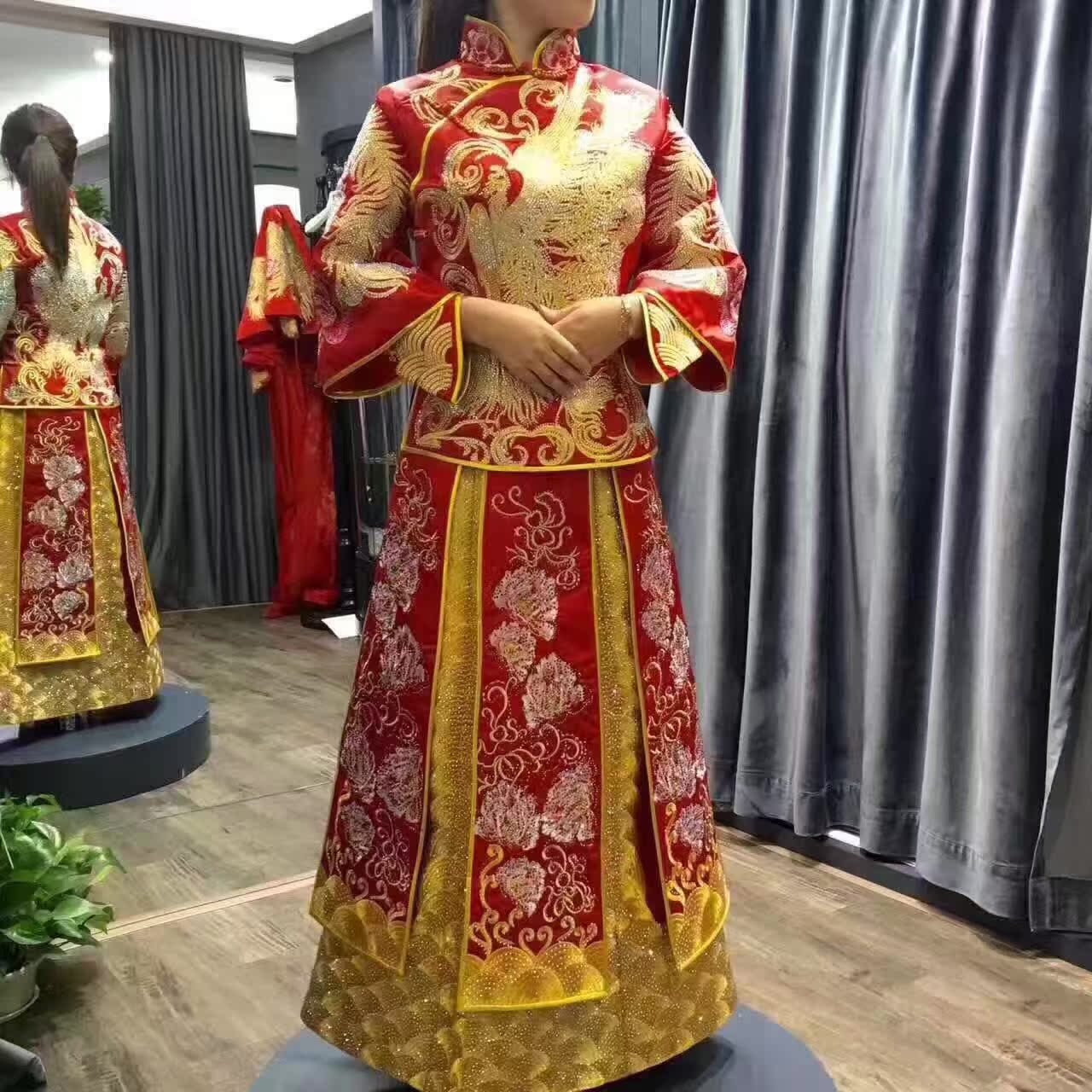 真丝手绣秀禾新款中式嫁衣旗袍修身婚纱古装新娘敬酒礼服龙凤褂