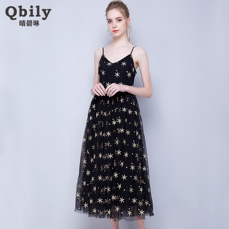 晴碧琳2017新款中长款露肩吊带连衣裙女夏 v领星星绣花修身网纱裙