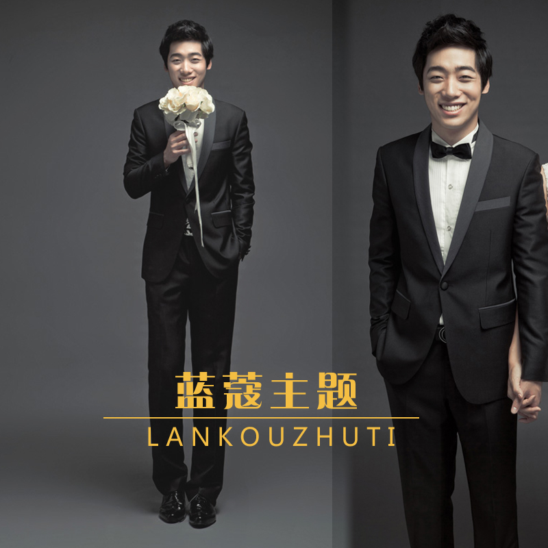 影楼婚纱摄影韩版绅士一粒扣男西装 经典青果领修身主持演出西装