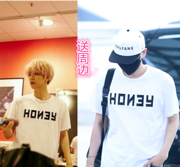 exo边伯贤鹿晗同款衣服t恤honey短袖圆领学生宽松男女