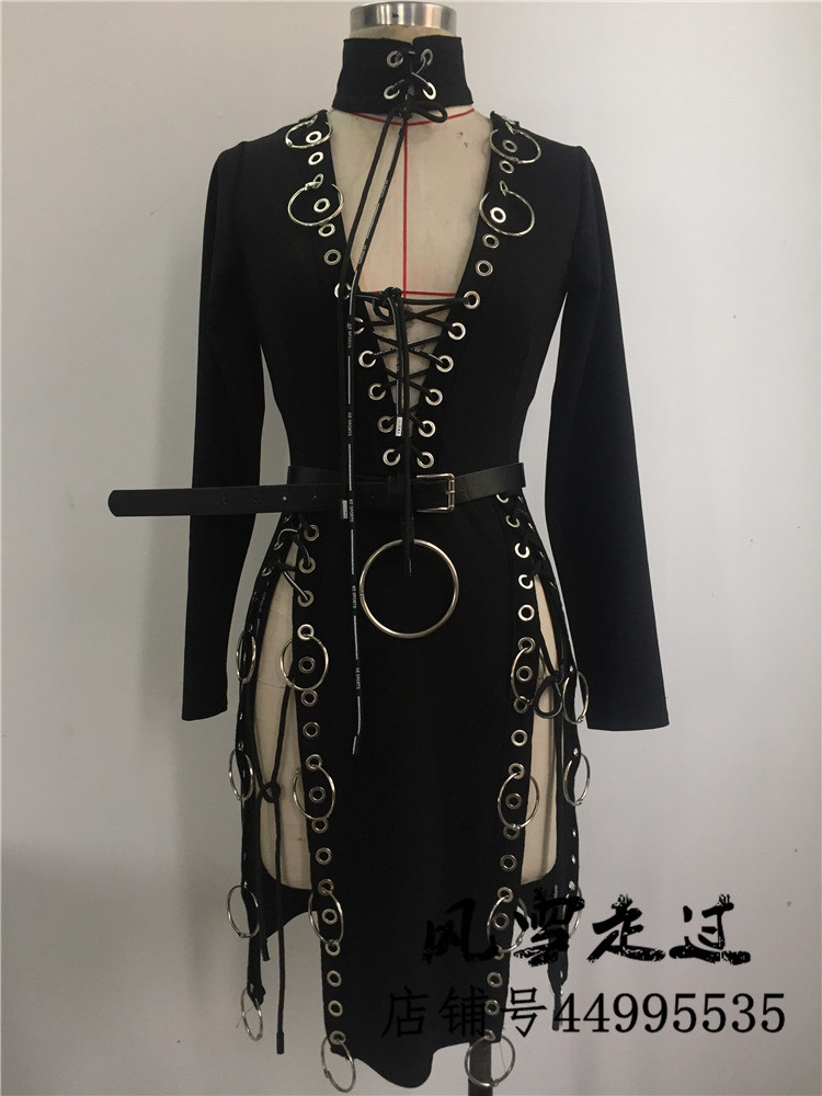 ds演出服新款欧美夜场酒吧dj女歌手爵士领舞服装绑带铁环圈开叉裙