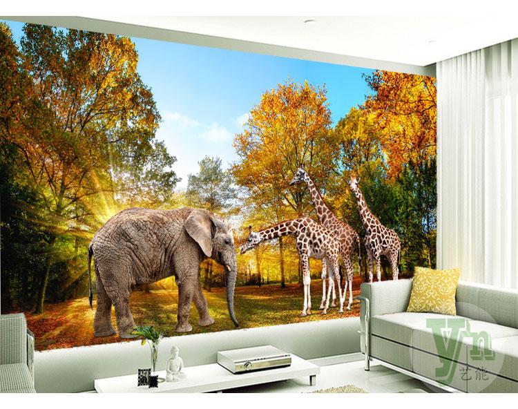 3d电视背景墙墙纸非洲热带雨林风景壁纸大象长颈鹿壁画动物树林草