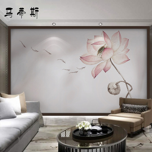 新中式禅意荷花现代简约壁纸 卧室书房玄关墙纸画 电视背景墙壁纸