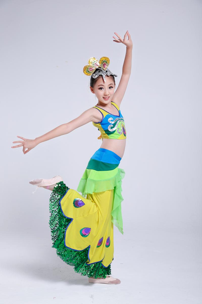 新款傣族儿童舞蹈服女孩傣族演出服装长裙女童傣族孔雀舞裙表演服