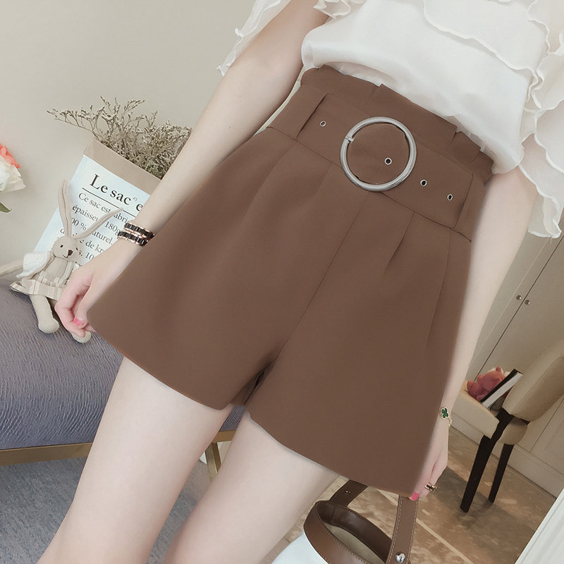 夏季女装复古纯色高腰金属环休闲裤女短裤宽松显瘦百搭阔腿裤子