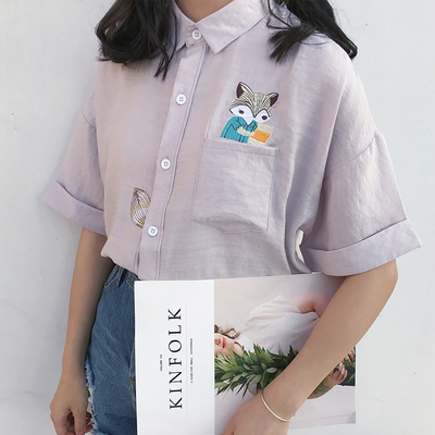 韩范女装松鼠刺绣中袖衬衫女短袖学院风休闲百搭宽松显瘦学生衬衣