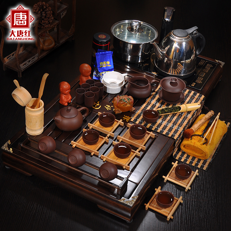 大唐红 饮露凝香功夫茶具套装 整套汝窑紫砂茶具带电磁炉柯木茶盘
