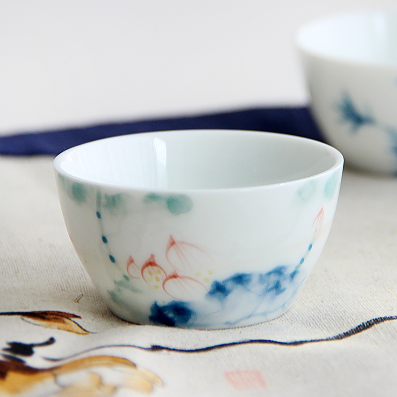手绘功夫茶杯陶瓷景德镇青花瓷品茗杯白瓷大茶杯茶盏茶具套装包邮