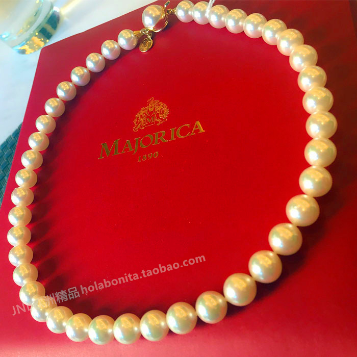 西班牙皇室正品代购majorica 8mm-10mm圆珠扣珍珠项链白色/灰色