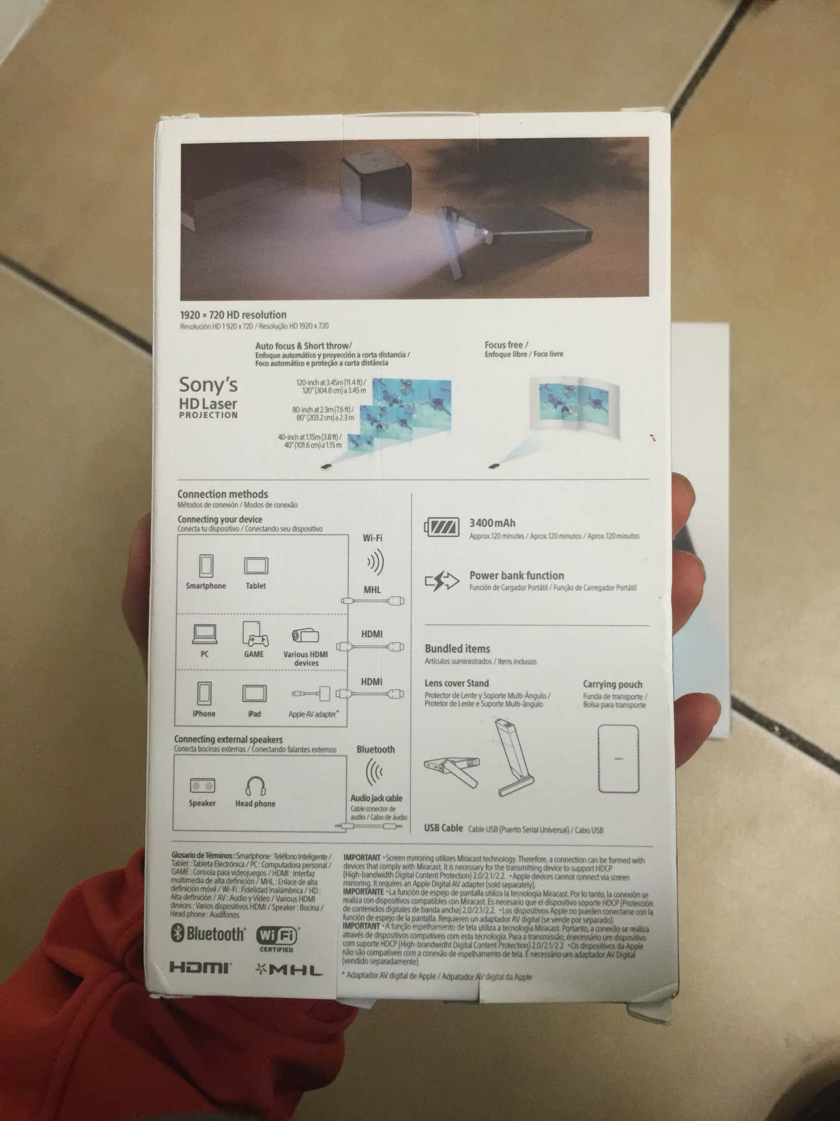 美国代购 Sony\/索尼MP-CL1A\/HK 随身微型投影