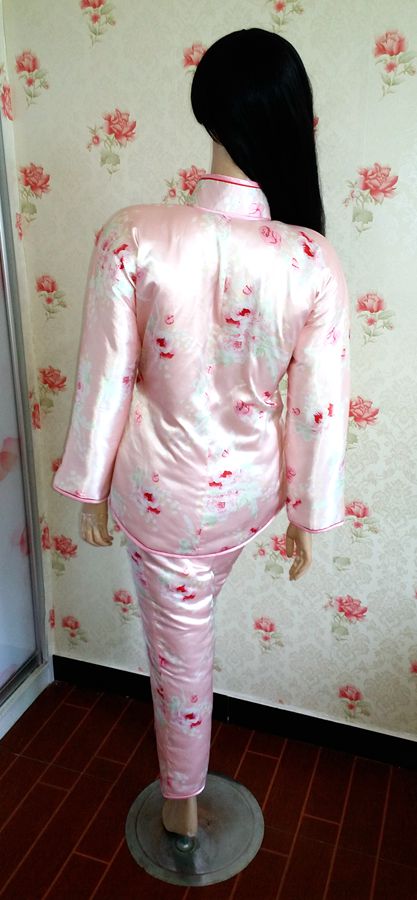 粉红高级印花丝绸连袖大襟唐装棉袄,棉裤手工定做