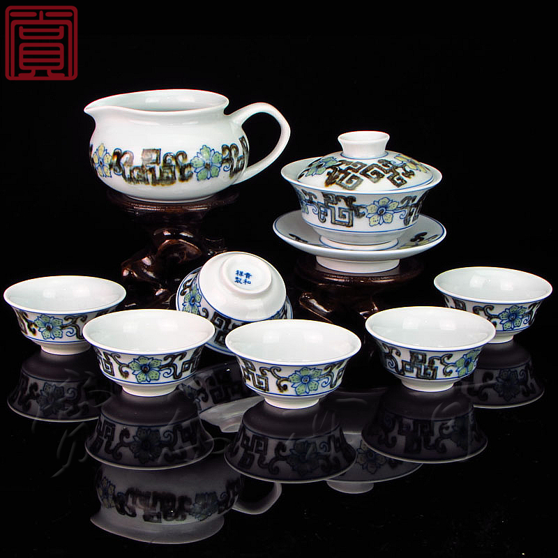 景德镇青花瓷 京德茶器贵和祥茶具 精品套装铁彩梅花盖碗公道杯子