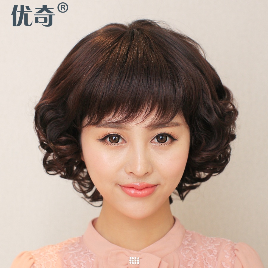 假发短卷发 真发发套女士中老年妈妈假发 中年时尚修脸整顶假发