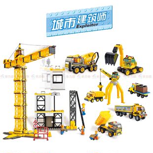 快乐儿童高品质积木拼装玩具建筑工程室施工机械卡汽车挖土机塔吊