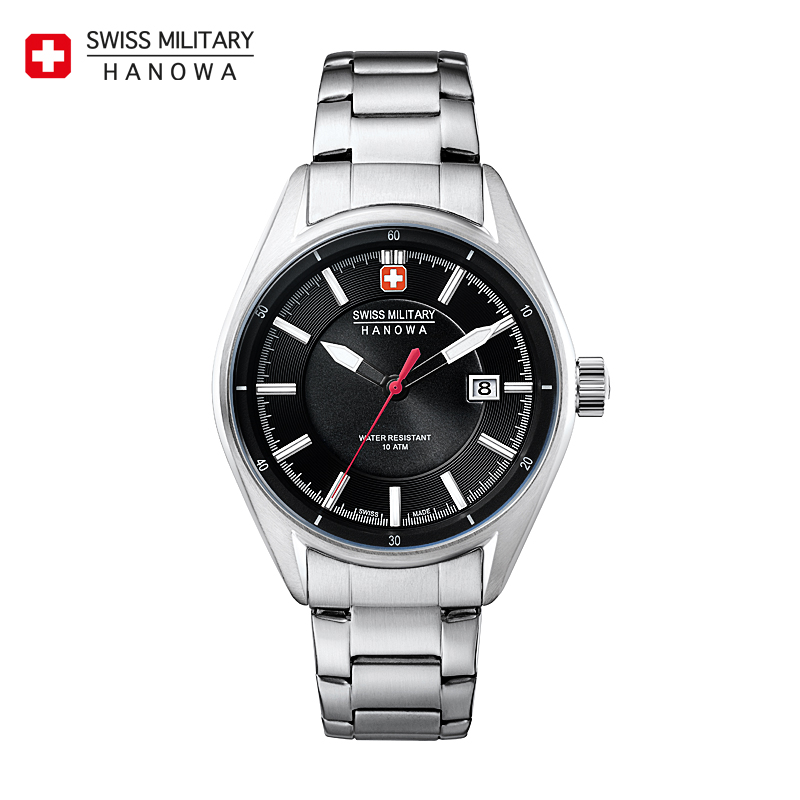 瑞士军表(swiss military )黑色皮质表表带防水时尚男士手表