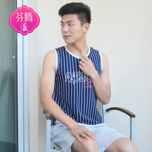 棉质背心短裤 条纹运动休闲男生家居服 睡衣套装 男士 芬腾2016夏款