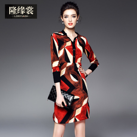 隆缘裳女装秋装2017新款优雅名媛时尚修身印花包臀真丝连衣裙1838商品大图