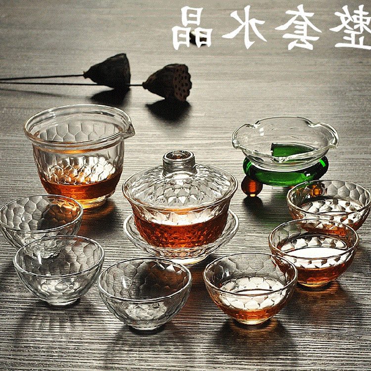 透明耐热水晶玻璃锤目纹盖碗整套功夫茶具泡茶碗三才碗茶具茶杯
