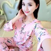 长袖睡衣女人薄款套装绵绸春秋节棉绸空调服大码加肥全棉家居服