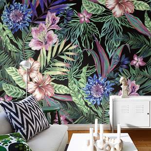 东南亚风格壁纸女装店墙纸时尚热带绿植花卉现代简约异国情调水彩