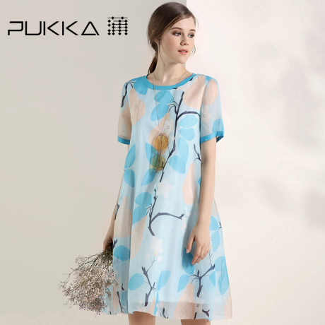 Pukka/蒲牌2017夏装新款商场同款原创设计棉麻女装印花真丝连衣裙商品大图