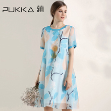 Pukka/蒲牌2017夏装新款商场同款原创设计棉麻女装印花真丝连衣裙图片