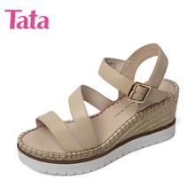 【清仓】Tata/他她夏季专柜同款牛皮坡跟女凉鞋2PO05BL6图片