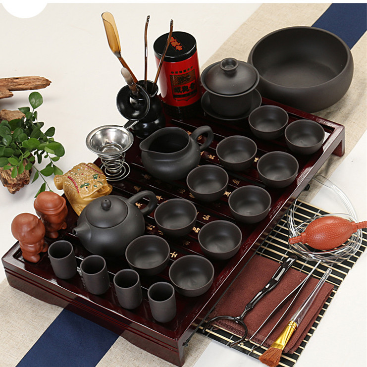 紫砂茶具套装茶博士实木茶盘整套33件套内白紫砂全黑功夫茶具茶洗
