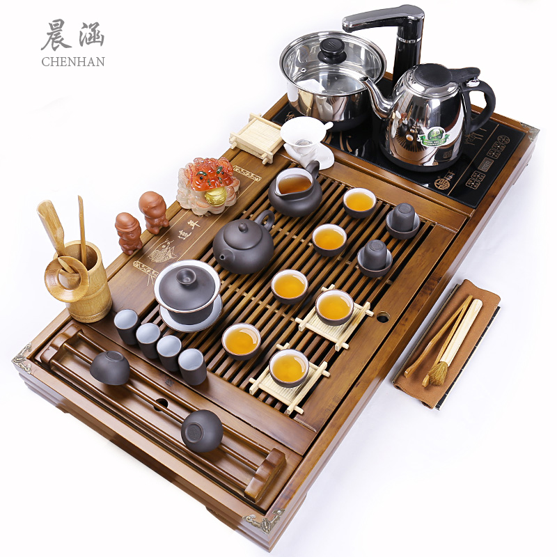 特价玻璃陶瓷紫砂功夫茶具套装 整套四合一体电磁炉实木茶盘茶台