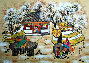 冬趣农村冬天小孩子玩耍农家乐装饰儿童捉麻雀农民画尺寸52x38cm