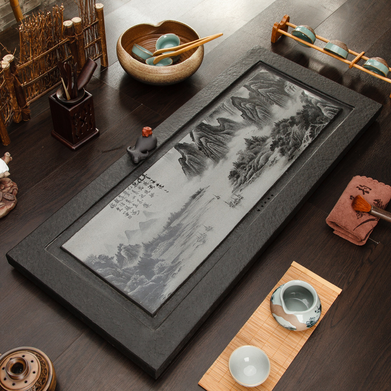 茶锦记整块乌金石茶具茶盘大号影雕方形茶台家用平板山水画茶海