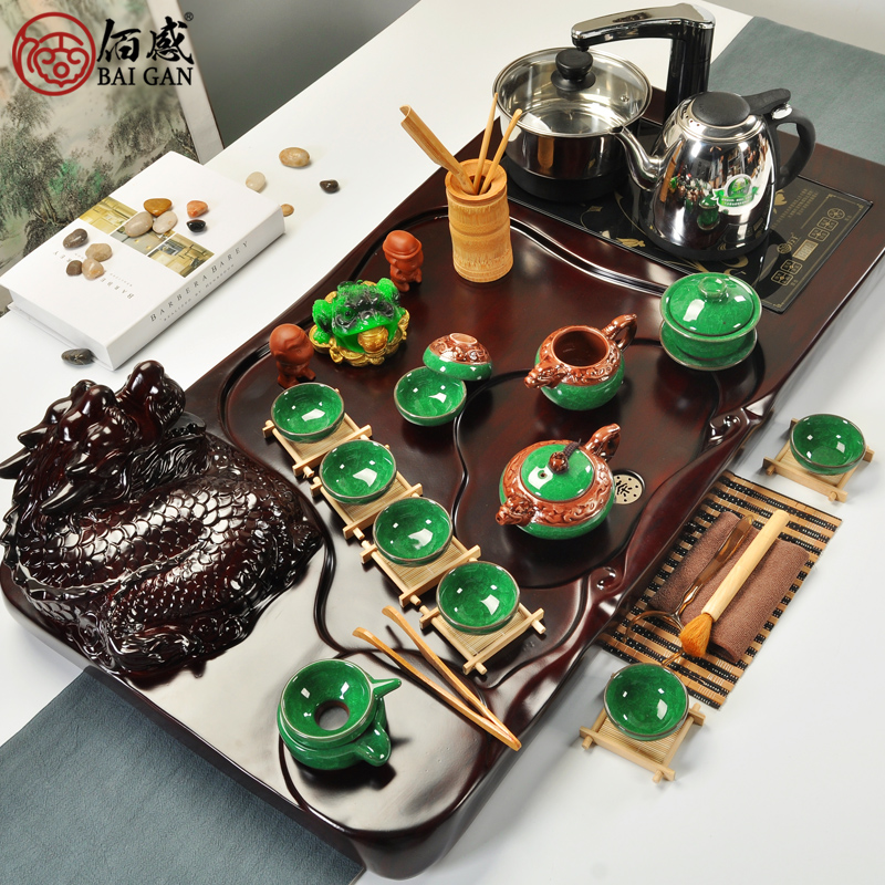 佰感茶具套装功夫茶具家用整套紫砂茶具茶盘茶台特价电热炉四合一
