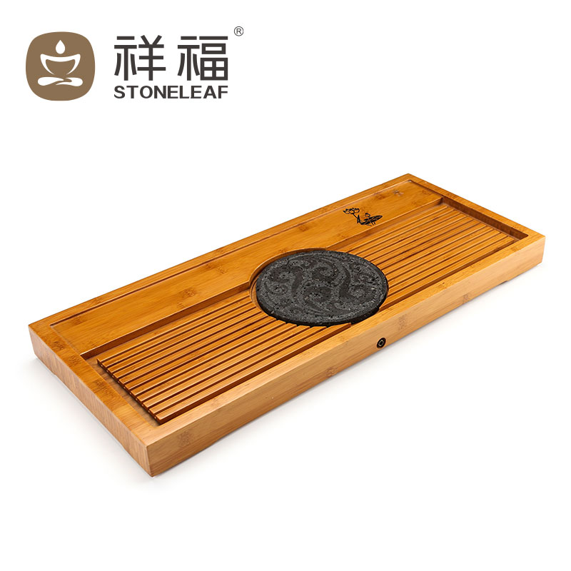 祥福 竹茶盘茶具 乌金石茶托 功夫茶海茶台大号排水茶盘