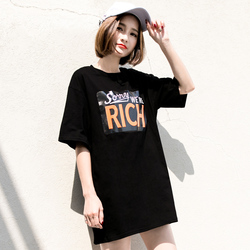 孜索2017春夏女装韩版个性字母潮款中长款宽松T恤女短袖纯棉半袖