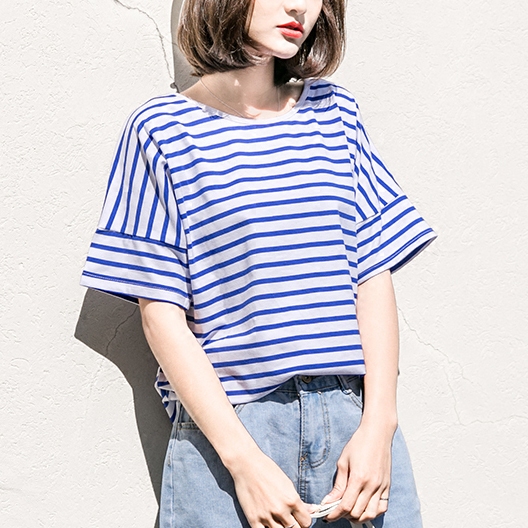 孜索韩版女装蓝白条纹t恤女夏宽松学生短袖上衣纯棉海军风半袖女t