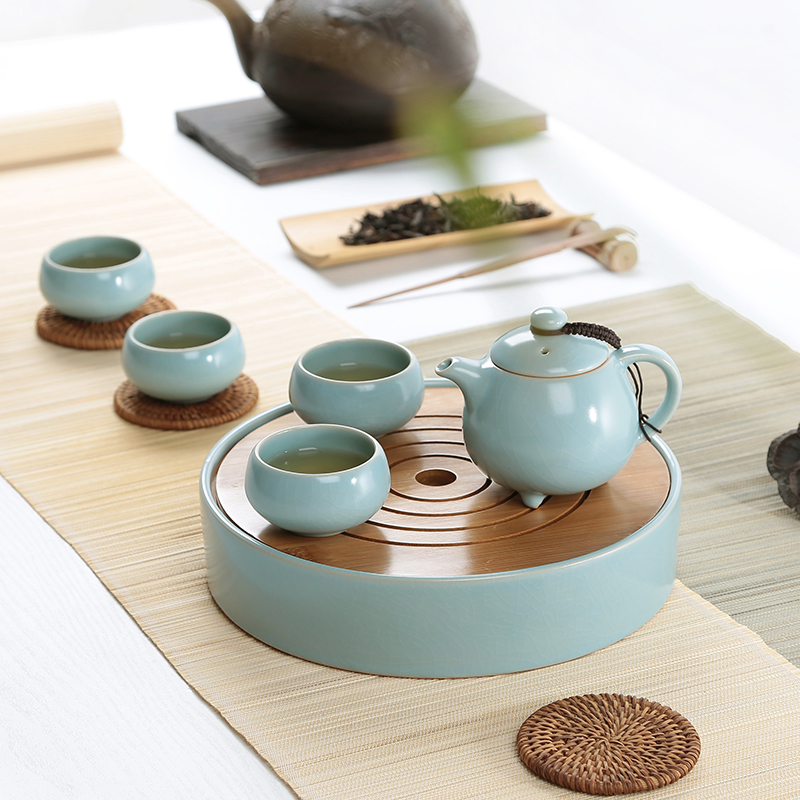 柴窑干泡茶盘茶壶茶杯整套功夫茶具套装开片冰裂陶瓷青瓷汝瓷汝窑
