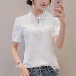 彩黛妃2017春夏新款韩版女装修身大码打底衫短袖白色衬衫女雪纺衫