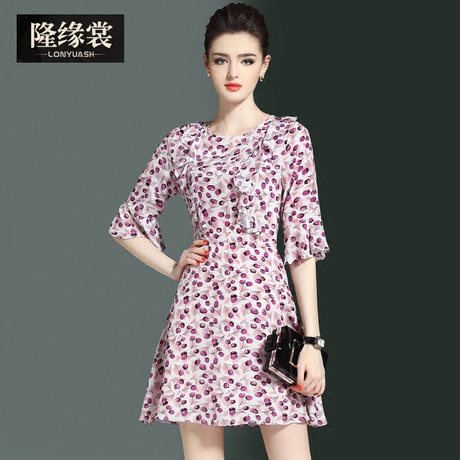 隆缘裳2017夏季新品时尚小印花女装半袖修身显瘦真丝连衣裙子3780商品大图