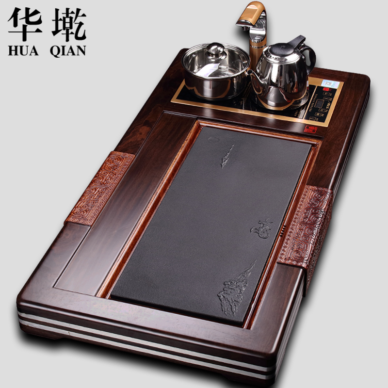 华墘茶盘 黑檀实木茶台花梨木茶海乌金石功夫茶具大号带电磁炉