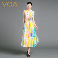 VOA真丝印花和服领无袖抽绳宽松腰真丝双绉温婉连衣裙A6861图片
