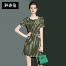 海青蓝2017夏季新款时尚桑蚕丝波点印花圆领短袖真丝女连衣裙1298图片
