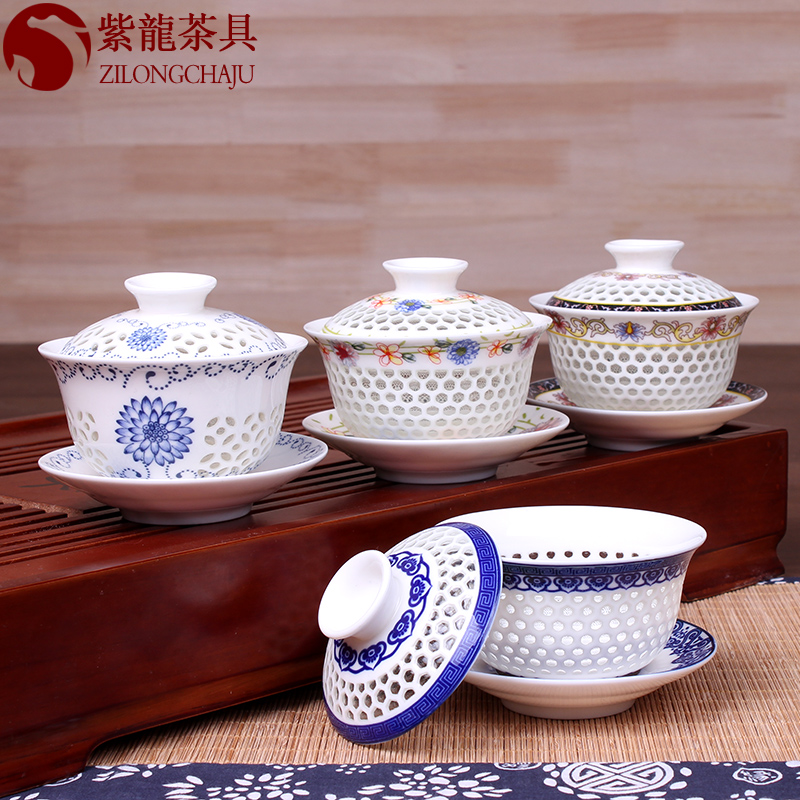 景德镇蜂窝玲珑青花茶碗 镂空手工三才盖碗套装功夫茶具泡冲茶器
