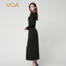 VOA黑33姆米重磅真丝双面针织圆领长袖四开身打底高弹连身长裙图片