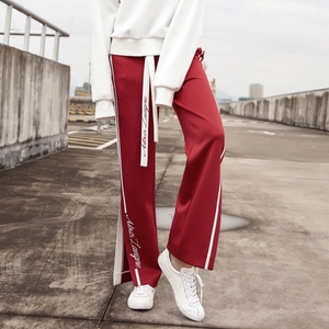 休闲条纹脚口开叉运动裤