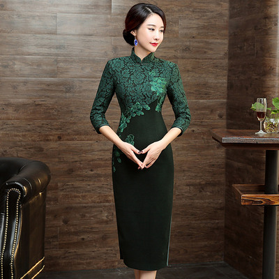 改良旗袍长款长袖秋冬日常修身复古旗袍裙冬款