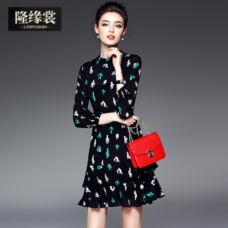 隆缘裳2017春装新款女装时尚优雅名媛修身长袖真丝印花连衣裙1916商品大图