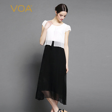 VOA真丝乔其圆领短袖假两件收腰飘逸显瘦减龄仙女连衣裙图片