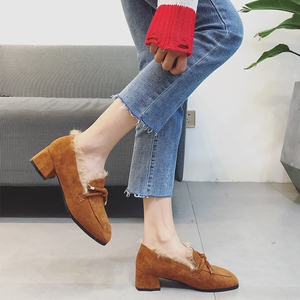 加绒英伦风方头中粗跟单鞋